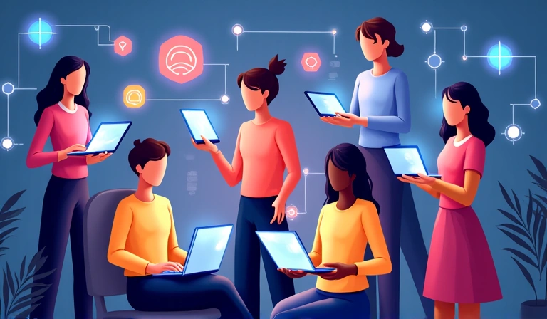 Illustration de personnes interagissant avec des écrans, représentant la communication et les services numériques