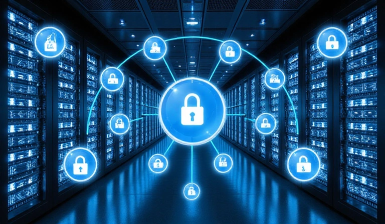 Serveurs sécurisés avec symboles de cadenas et de boucliers