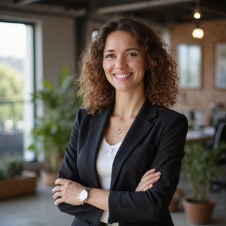 Portrait professionnel d'une femme souriante, fondatrice et CEO, dans un environnement inspirant