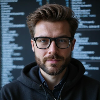 Portrait professionnel d'un homme concentré, chef développeur, devant des lignes de code