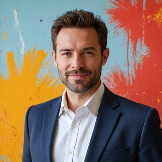 Portrait professionnel d'un homme dynamique, spécialiste marketing, avec un arrière-plan abstrait et coloré