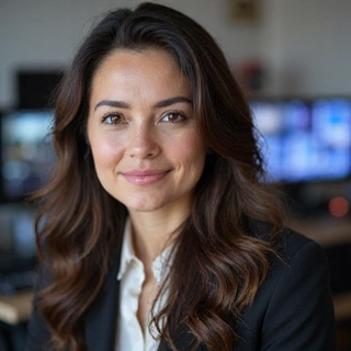 Portrait professionnel d'une femme créative, responsable de contenu, avec un arrière-plan flou de matériel de streaming