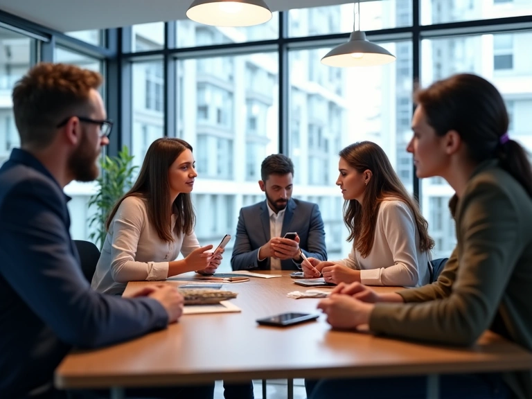 Une équipe diversifiée de professionnels du streaming travaillant ensemble dans un bureau moderne et lumineux