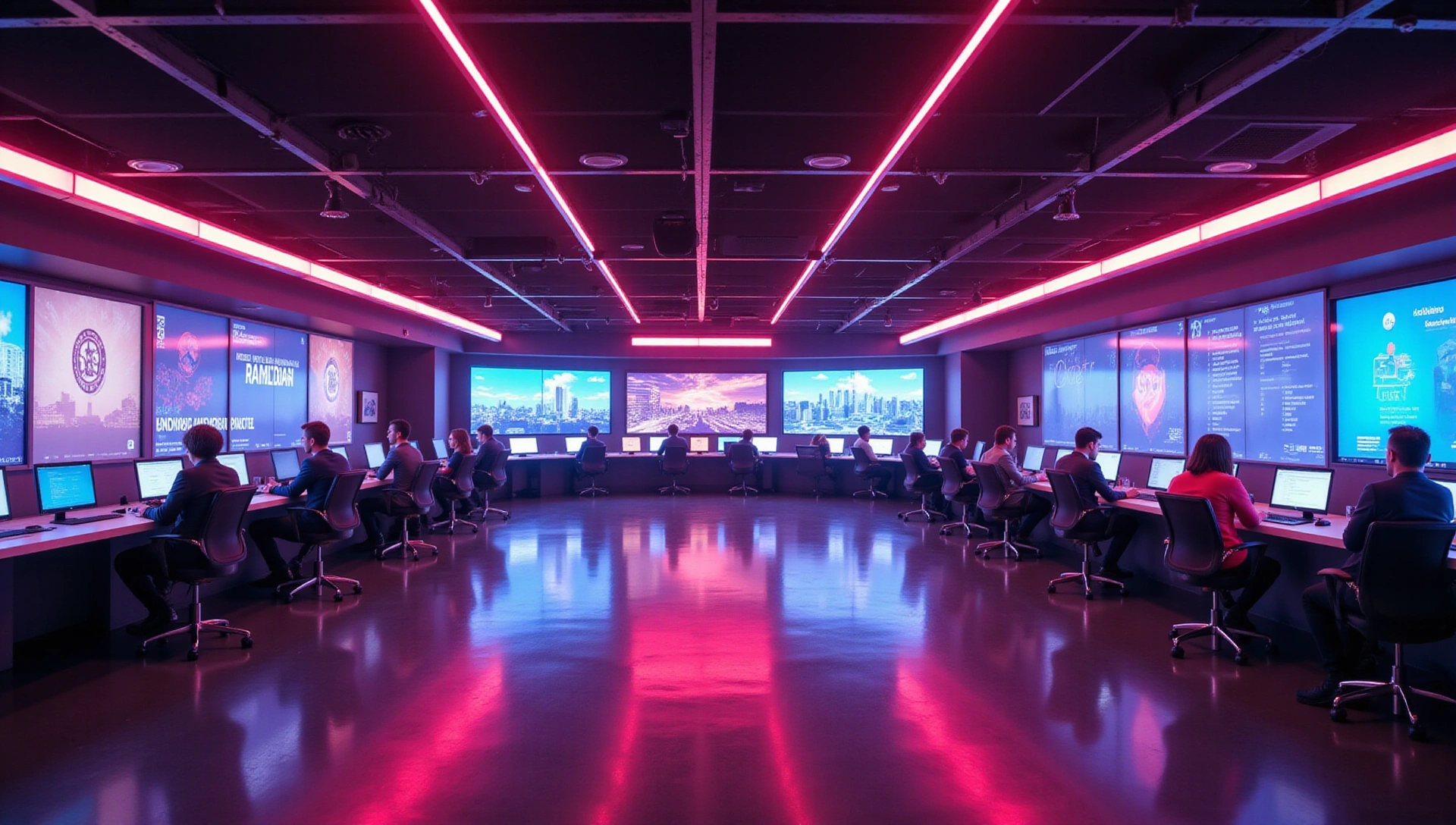 Vue panoramique d'un environnement de streaming moderne avec des lumières néon et des écrans multiples, symbolisant la communauté et la collaboration